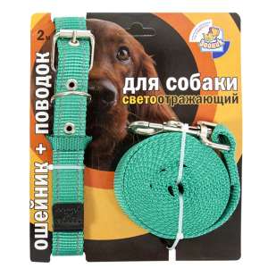 Комплект для собак ошейник 37-51см*25мм + поводок 3м зеленый светоотражающий капрон Зооник
