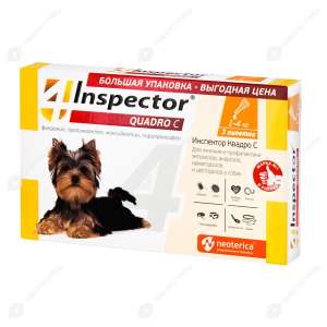 Инспектор Quadro на холку для собак до 4кг (в уп. 3пип.) с 7 недель от блох, клещей, нематод, дироф.