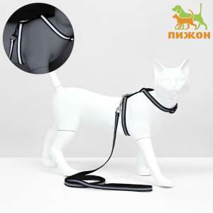 Комплект для кошек светоотражающий шлейка 21-35см поводок 120см черный Пижон