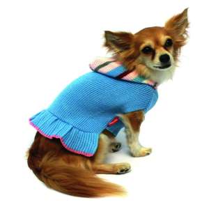 Платье вязанное с полосатым капюшоном голубое 35см (спинка) Каскад для собак