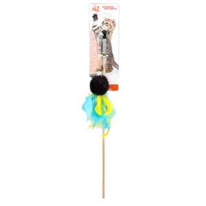 Игрушка для кошек дразнилка Помпон с перьями на веревке (мех-норка) 50см Зооник