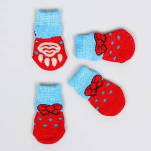 Носки для собак нескользящие Бантик рS 2,5/3,5*6см набор 4шт красные/голубые Пижон