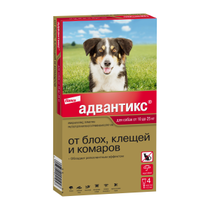 Адвантикс 250 для собак 10-25кг, 1 пипетка*4 (от блох, клещей и комаров) 