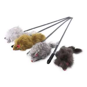 Игрушка для кошек дразнилка Мышка (натуральный мех) 15/9х5см на палочке l=46см, микс