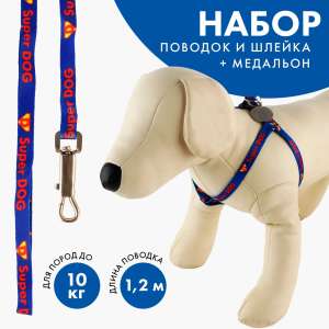 Комплект для собак Super Dog шлейка 26-39см + поводок 120см*1см медальон Пижон для собак