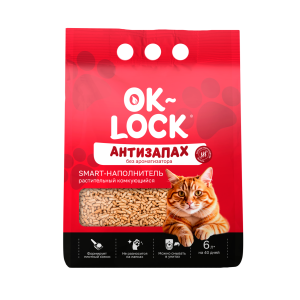 Наполнитель растительный комкующийся Антизапах Ok-Lock 6л/2,5кг *6шт