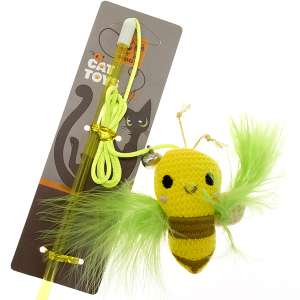 Игрушка для кошек Пчелка 10х6см с перьями и колокольчиком, на палочке l=40см