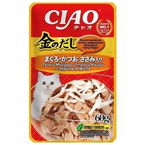 Инаба/INABA КИННОДАСИ пауч для кошек тунец магуро и кацуо с кур филе 60гр*48 