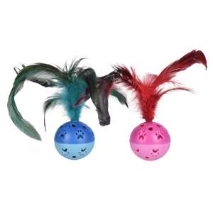 Игрушка для кошек Мяч-погремушка d=5см с Перьями h=20см, микс