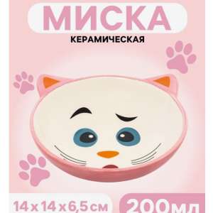 Миска керамическая «Кошачья мордочка» 200 мл, розовая/белая Пижон